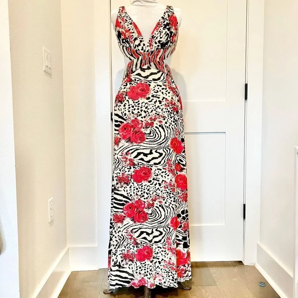 La Femme Women’s Size 0 Floral Print Open Back Formal Gown Maxi Dress Red Prom